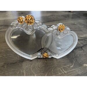 Vintage Mikasa Rosemont Double Heart Picture Frame Glass Crystal Gold Roses